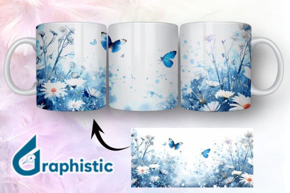 Blue Floral Butterfly Mug Wrap 09 - A Versatile Graphic Design Asset