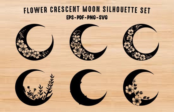 Floral Crescent Moon Silhouette Clipart for Graphics and Illustrations