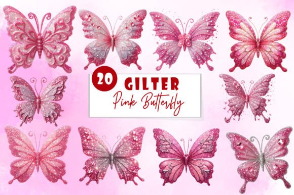 Gilter Pink Butterfly Clipart Bundle for Graphics and Illustrations