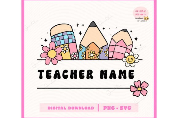 Groovy Retro Pencil Teacher Frame SVG for Illustrations and Graphics