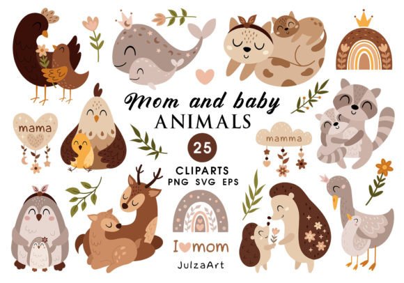 Happy Mothers Day Clipart, Animal Svg for Graphics and Illustrations