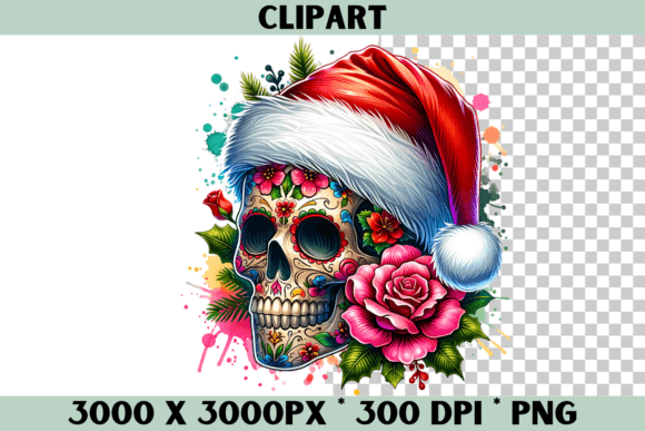 Santa Skull Floral Clipart - Graphics for Festive Illustrations